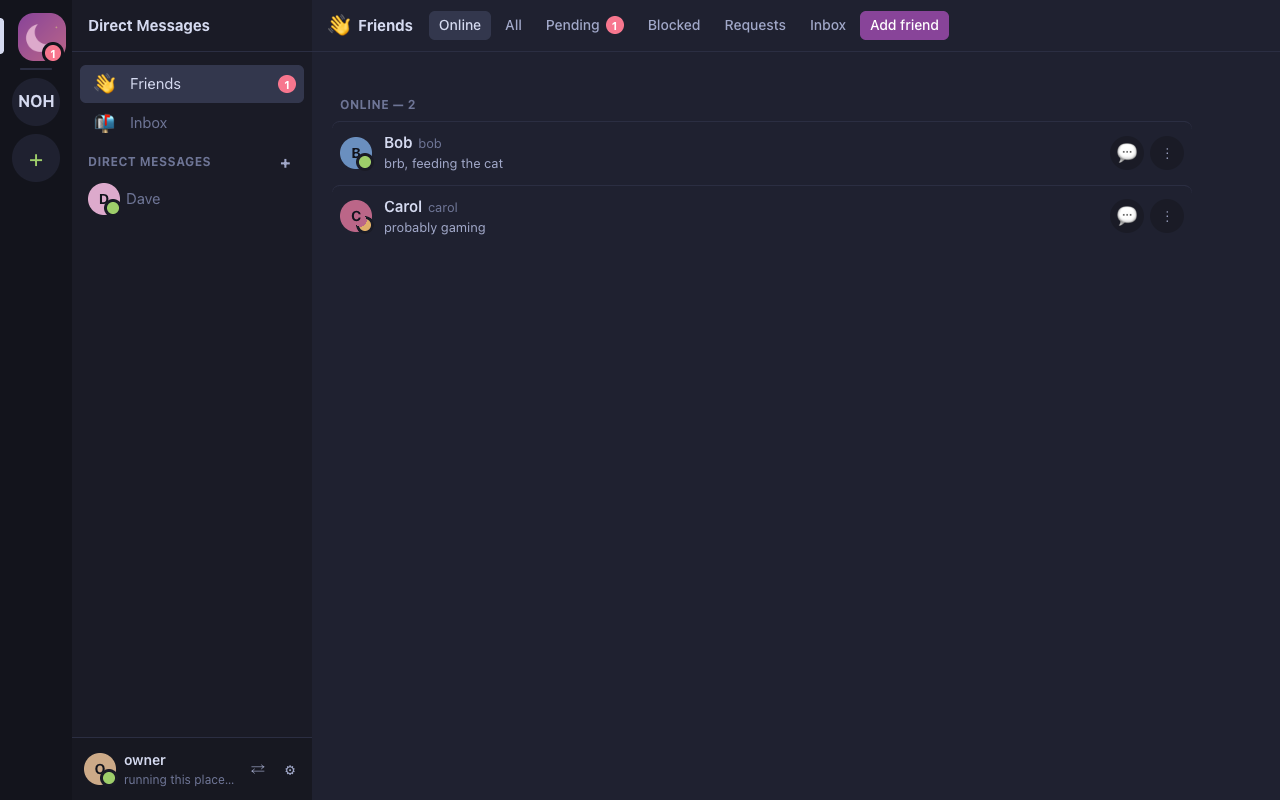 The Friends page with friends online and pending requests